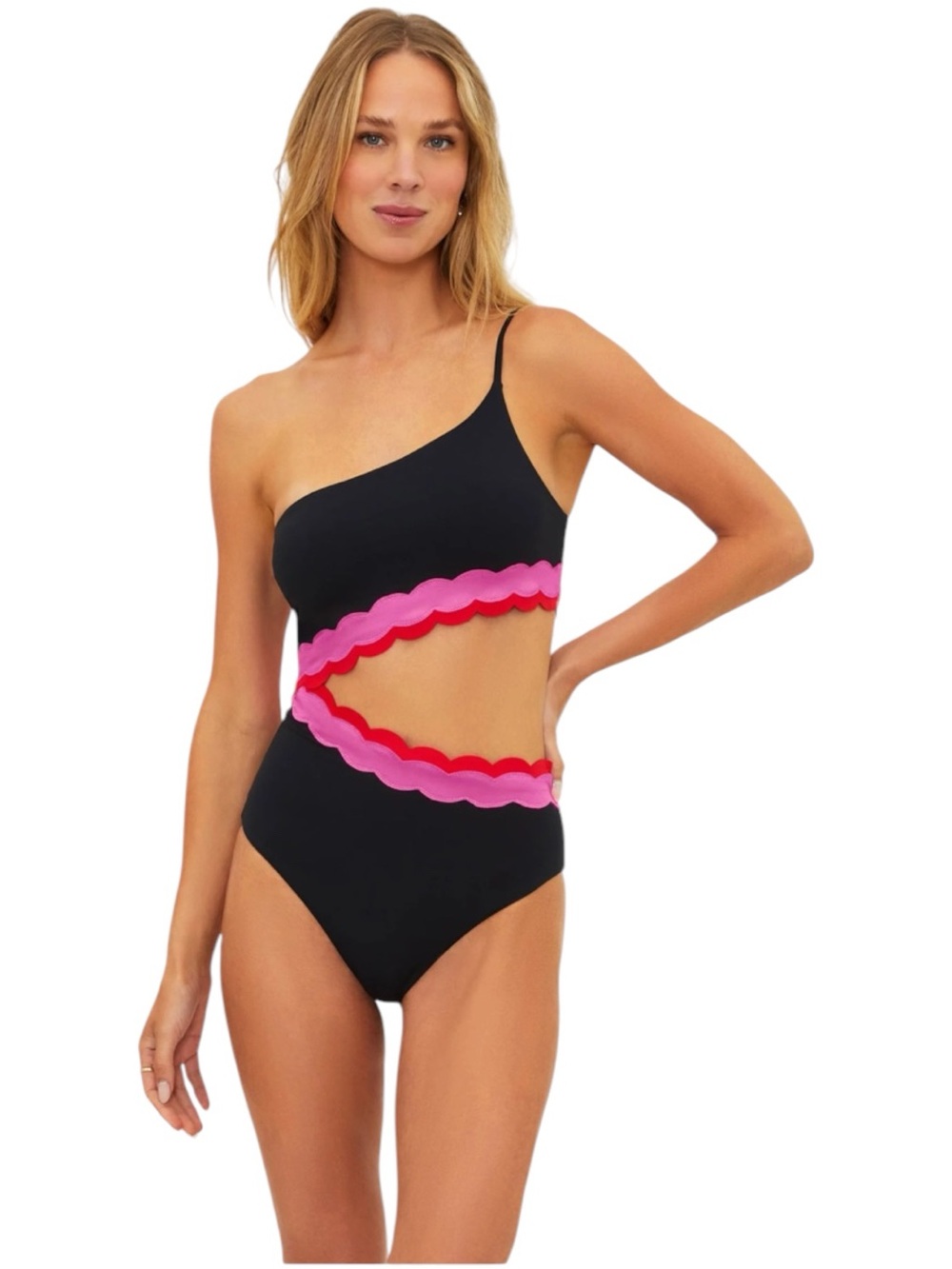 Beach Riot Liora Electric Wave One Piece Swimsuit Large Black Pink Scalloped NEW
